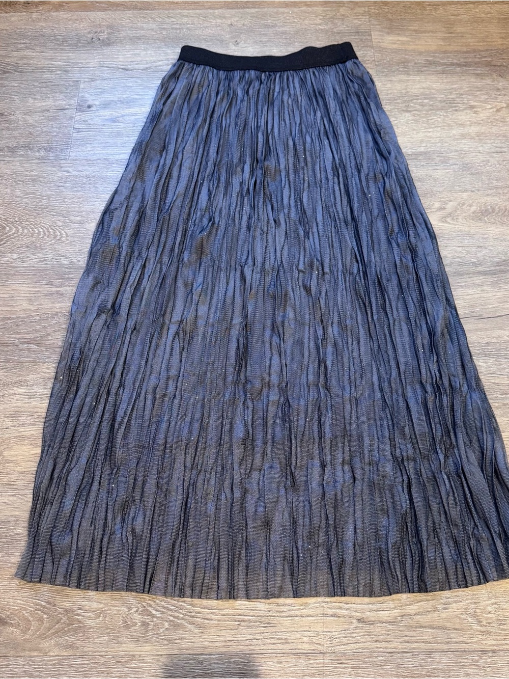 Shimmer Pleated Midi Skirt in Charcoal with Stretch Pull-on Waistband